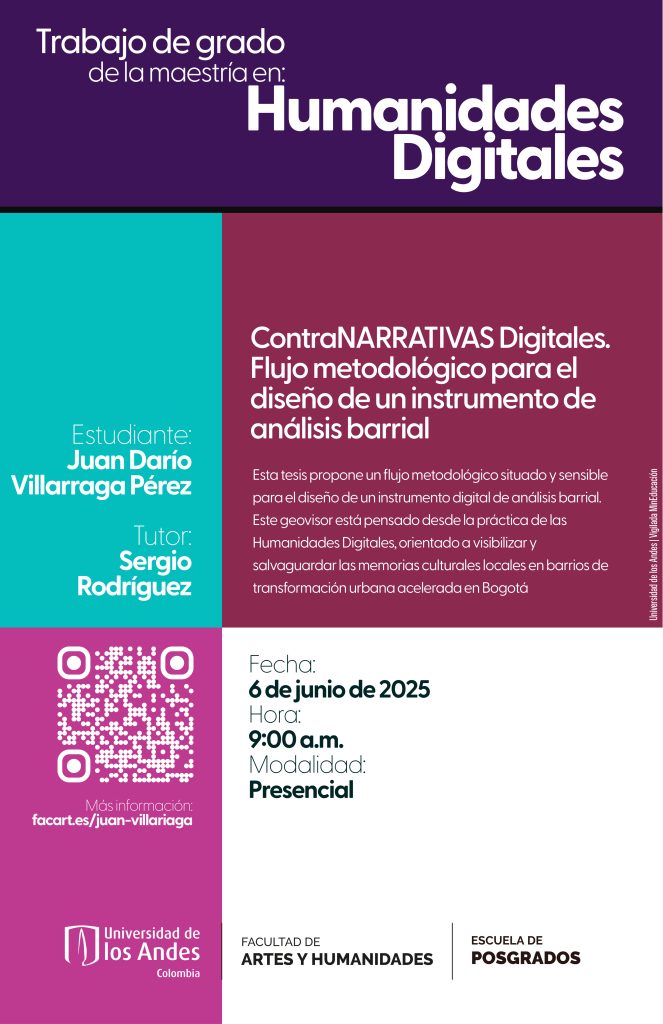Esta tesis propone un flujo metodológico situado y sensible para el diseño de un instrumento digital de análisis barrial. Este geovisor está pensado desde la práctica de las Humanidades Digitales, orientado a visibilizar y salvaguardar las memorias culturales locales en barrios de transformación urbana acelerada en Bogotá.